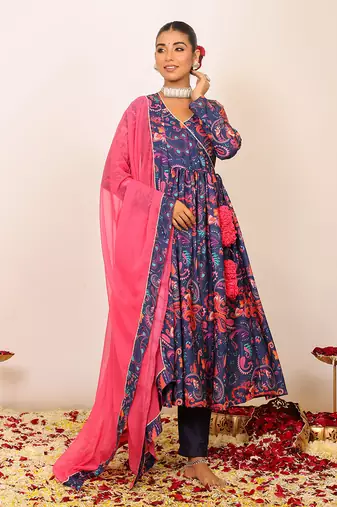 Floral printed multicolour anarkali kurta set with v-neckline paired with pant and pink dupatta