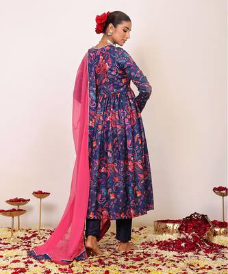 Floral printed multicolour anarkali kurta set with v-neckline paired with pant and pink dupatta 5