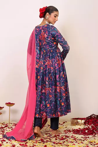 Floral printed multicolour anarkali kurta set with v-neckline paired with pant and pink dupatta