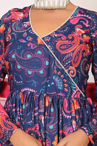 Floral printed multicolour anarkali kurta set with v-neckline paired with pant and pink dupatta