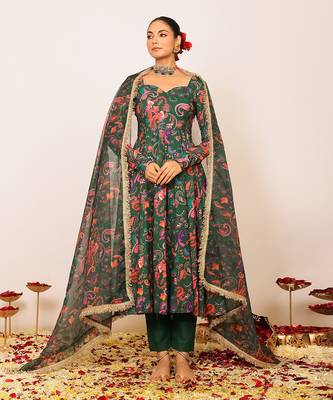 Green and pink floral printed anarkali suit set paired with pant and dupatta 1