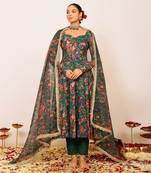 Green and pink floral printed anarkali suit set paired with pant and dupatta