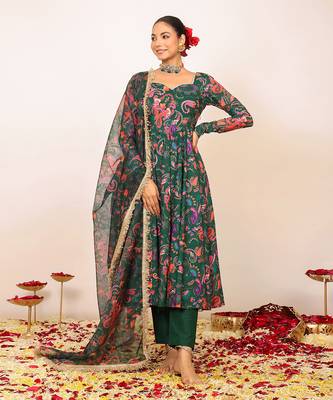 Green and pink floral printed anarkali suit set paired with pant and dupatta 3