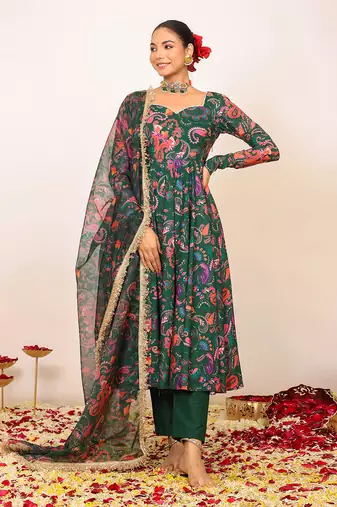 Green and pink floral printed anarkali suit set paired with pant and dupatta