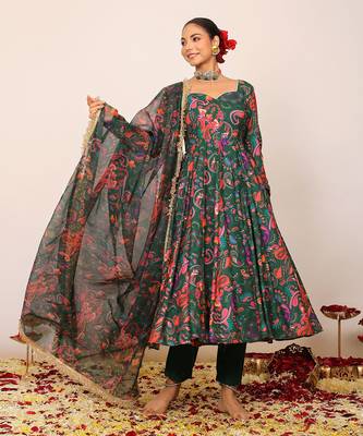 Green and pink floral printed anarkali suit set paired with pant and dupatta 4
