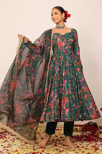 Green and pink floral printed anarkali suit set paired with pant and dupatta