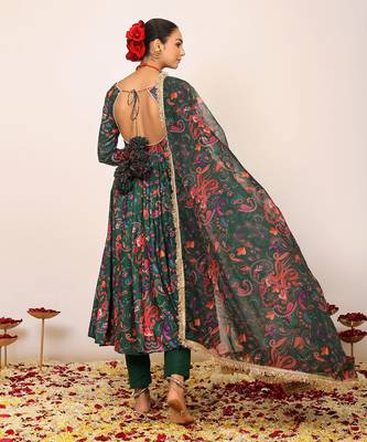 Green and pink floral printed anarkali suit set paired with pant and dupatta 5