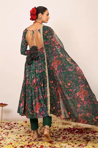 Green and pink floral printed anarkali suit set paired with pant and dupatta