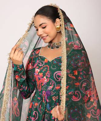 Green and pink floral printed anarkali suit set paired with pant and dupatta 6