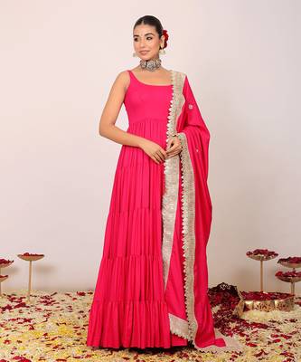 Pink solid anarkali kurta set paired with dupatta having gota work at border 1