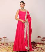 Pink solid anarkali kurta set paired with dupatta having gota work at border