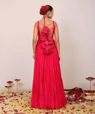 Pink solid anarkali kurta set paired with dupatta having gota work at border 6