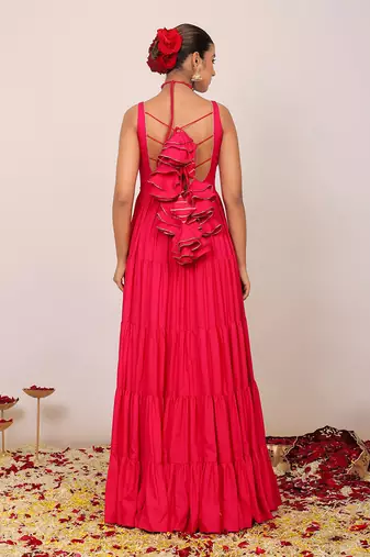 Pink solid anarkali kurta set paired with dupatta having gota work at border
