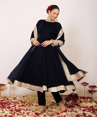 Solid black velvet anarkali kurta paired with pant and dupatta 3