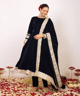 Solid black velvet anarkali kurta paired with pant and dupatta 4