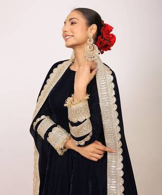 Solid black velvet anarkali kurta paired with pant and dupatta 5