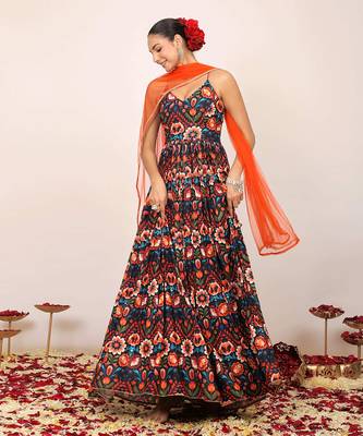 Floral printed multicolour anarkali kurta set with sweetheart neckline paired with orange dupatta 1