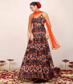 Floral printed multicolour anarkali kurta set with sweetheart neckline paired with orange dupatta