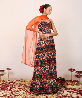 Floral printed multicolour anarkali kurta set with sweetheart neckline paired with orange dupatta 3