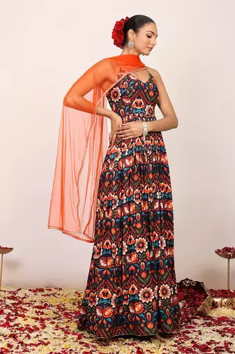Floral printed multicolour anarkali kurta set with sweetheart neckline paired with orange dupatta