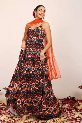 Floral printed multicolour anarkali kurta set with sweetheart neckline paired with orange dupatta