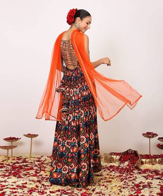 Floral printed multicolour anarkali kurta set with sweetheart neckline paired with orange dupatta 5