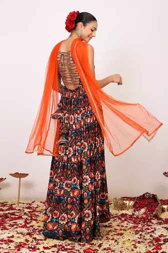 Floral printed multicolour anarkali kurta set with sweetheart neckline paired with orange dupatta