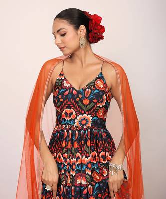 Floral printed multicolour anarkali kurta set with sweetheart neckline paired with orange dupatta 6