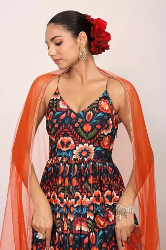 Floral printed multicolour anarkali kurta set with sweetheart neckline paired with orange dupatta