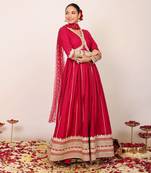 Pink solid anarkali kurta set with gota work at bottom paired with dupatta