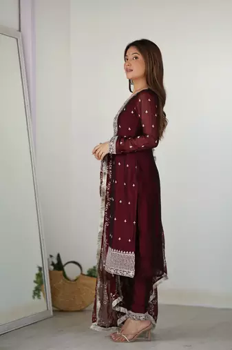 Pure Blooming Rangoli Silk Fabric Straight Fit Embroidery Work Kurta With Dupatta And Trousers