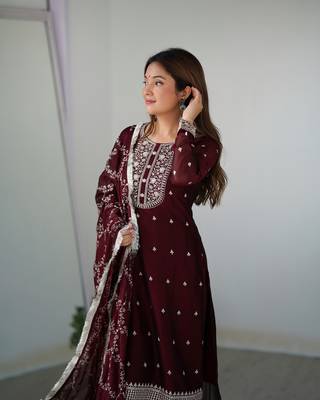 Pure Blooming Rangoli Silk Fabric Straight Fit Embroidery Work Kurta With Dupatta And Trousers 4