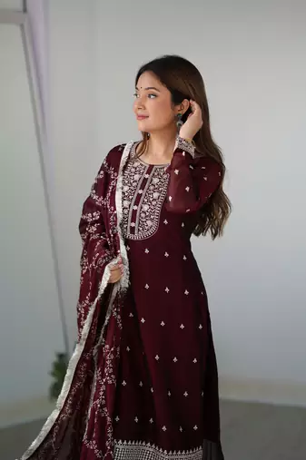 Pure Blooming Rangoli Silk Fabric Straight Fit Embroidery Work Kurta With Dupatta And Trousers