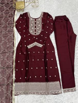 Pure Blooming Rangoli Silk Fabric Straight Fit Embroidery Work Kurta With Dupatta And Trousers 5