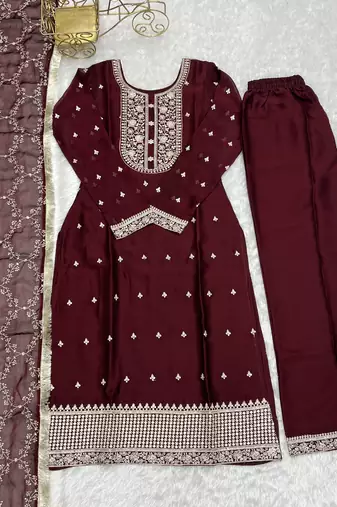 Pure Blooming Rangoli Silk Fabric Straight Fit Embroidery Work Kurta With Dupatta And Trousers