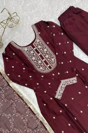 Pure Blooming Rangoli Silk Fabric Straight Fit Embroidery Work Kurta With Dupatta And Trousers