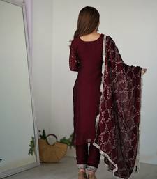 Pure Blooming Rangoli Silk Fabric Straight Fit Embroidery Work Maroon Kurta With Dupatta And Trousers