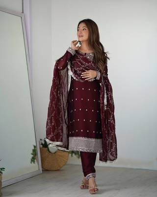 Pure Blooming Rangoli Silk Fabric Straight Fit Embroidery Work Maroon Kurta With Dupatta And Trousers 4