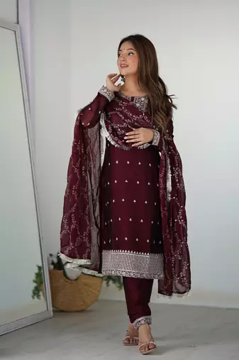 Pure Blooming Rangoli Silk Fabric Straight Fit Embroidery Work Maroon Kurta With Dupatta And Trousers