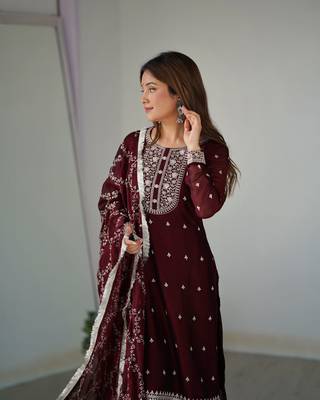 Pure Blooming Rangoli Silk Fabric Straight Fit Embroidery Work Maroon Kurta With Dupatta And Trousers 5