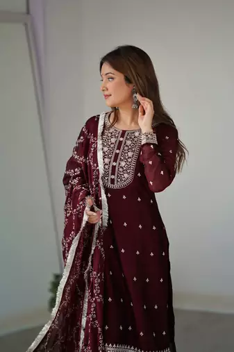 Pure Blooming Rangoli Silk Fabric Straight Fit Embroidery Work Maroon Kurta With Dupatta And Trousers