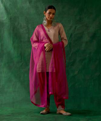 Zari silk short kurta with embroidered salwar & and katan dupatta in pink 1