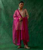 Zari silk short kurta with embroidered salwar & and katan dupatta in pink