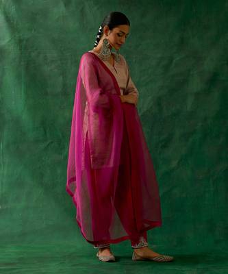 Zari silk short kurta with embroidered salwar & and katan dupatta in pink 2