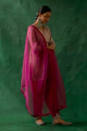 Zari silk short kurta with embroidered salwar & and katan dupatta in pink