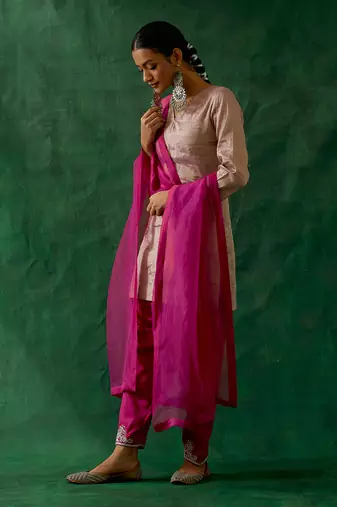 Zari silk short kurta with embroidered salwar & and katan dupatta in pink
