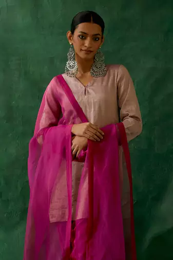 Zari silk short kurta with embroidered salwar & and katan dupatta in pink