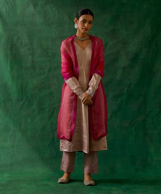 Embroidered zari silk anarkali, cotton glaze pants, and katan silk dupatta in pink 1