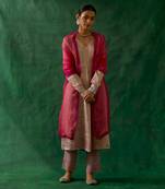 Embroidered zari silk anarkali, cotton glaze pants, and katan silk dupatta in pink