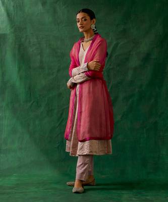 Embroidered zari silk anarkali, cotton glaze pants, and katan silk dupatta in pink 2